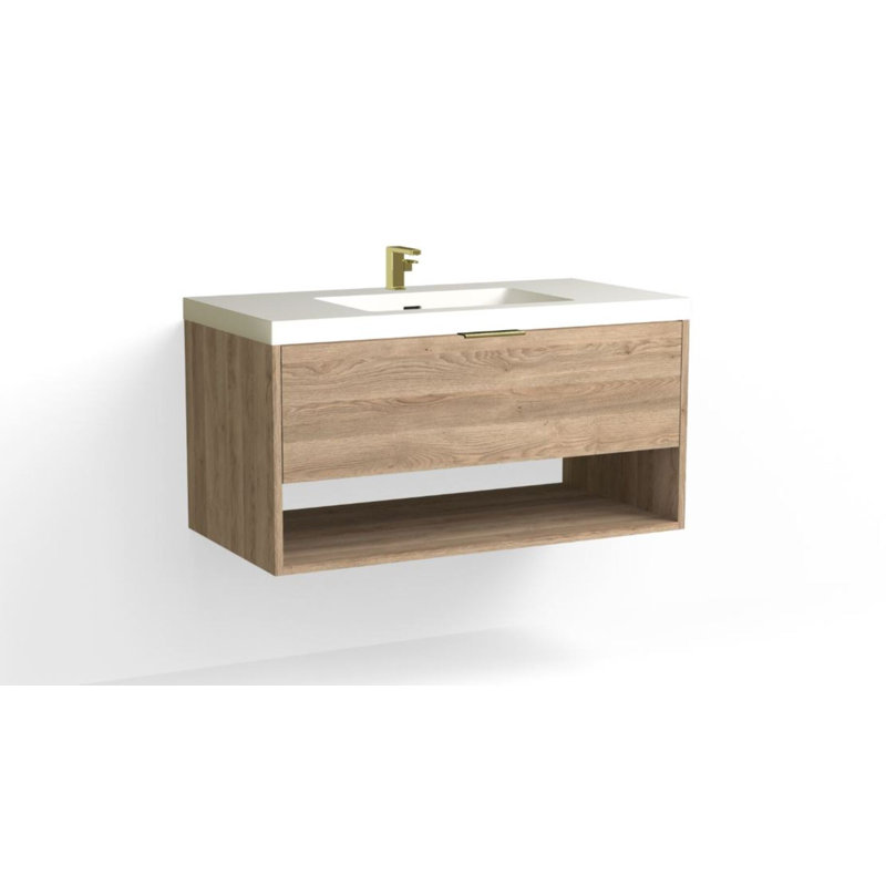 Modo 42" W Wall Mounted Single Bathroom Vanity, Matte White/Single, Biondo, Satin Brass