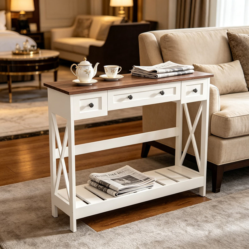 Console de 39,4 pouces avec 3 tiroirs, table d'entrée rustique pour le salon, couloir, canapé derrière, blanc et brun