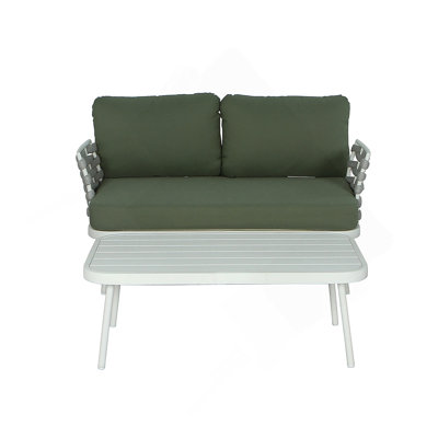 Causeuse et table en acier, blanc cassé et vert