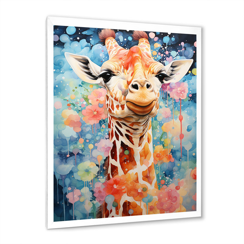 «Pop Art Giraffe Portrait I», reproduction sur toile, Cadre simple blanc, H 44 po x l 34 po x P 1,5 po