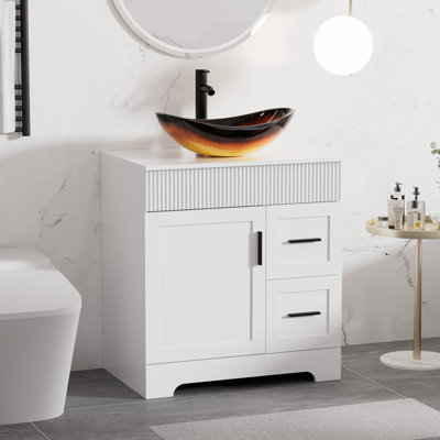 Ensemble de meuble-lavabo simple autoportant de 30 po Akron avec plateau en bois manufacturé, lavabo vasque, robinet et drain, peint à la main résistant à l'eau