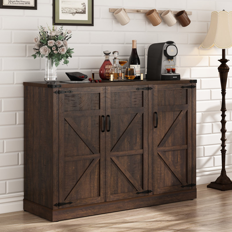 Farmhouse Buffet Sideboard Cabinet With Barn Doors, 47.2" Kitchen Storage Cabinet With Adjustable Shelves, Brown