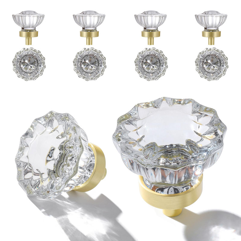 Paquet de 8 boutons en cristal pour tiroirs, ensemble de 8 boutons en verre brossé doré, poignées de placard antique pour placard, commode à fleurs en laiton satiné 1,5 po