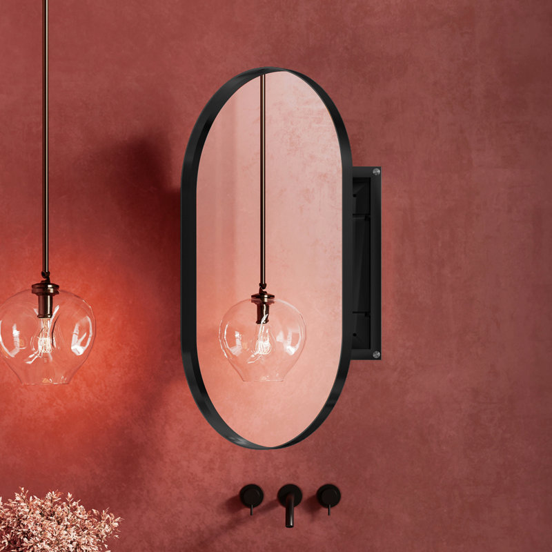 Armoire murale de salle de bain 20 po x 34 po, ovale encastrée, cadre en métal noir mat avec miroir et tablettes réglables, unité de rangement ovale facile à installer, unité fonctionnelle
