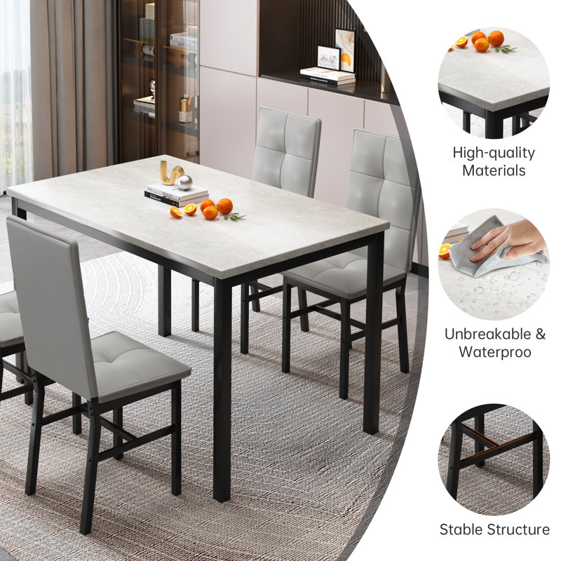 Dining Table Set For 4, Rectangle Dining Room Table Set With Four Chairs And Faux Marble Top, Dining Table Set With Backrest For Dining Or Living Room