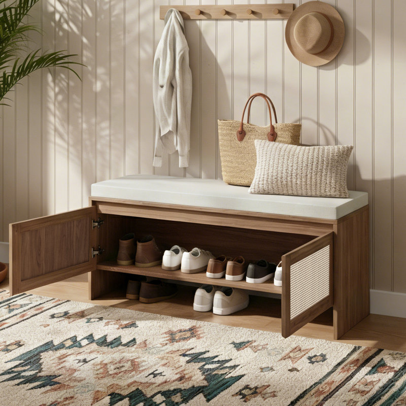 Banc de rangement en PP avec coussin, armoire à chaussures en rotin artificiel 2 portes PP