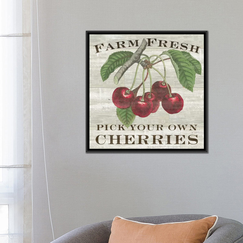 « farm cerises », impression sur toile tendue, H 26 po x l 26 po x P 1,5 po, Toile encadrée noire, Pas de tapis