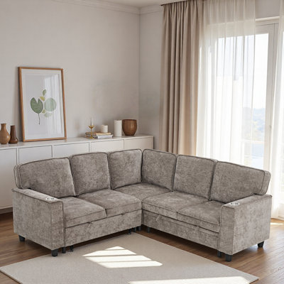 L-shaped Sectional Sofa With Storage Seat, Usb And Cup Holders