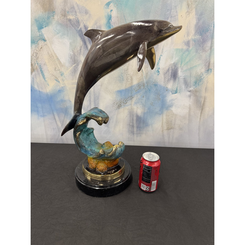 Sculptures & Beyond Dolphin Cast Bronze Sculpture – Lost-Wax Bronze with Hand-Applied Patina on Black Marble Base – Coastal & Nautical Decorative Art for Home, Office & Yacht Décor – Ocean Grace – 19"H
