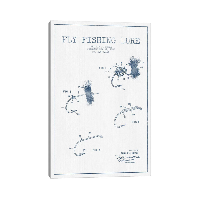 P.J. Novak Fly Fishing Lure Patent Sketch (Ink) by Aged Pixel - Wrapped Canvas Print, 101.6 cm H x 66.04 cm W x 3.175 cm D
