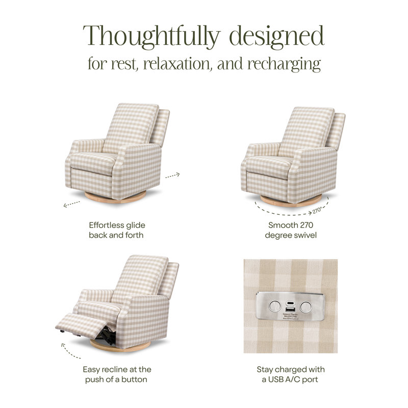 Crewe Electronic Recliner and Swivel Glider in Eco-Performance Fabric, Tan Gingham with Light Wood Base