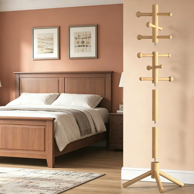 Portemanteau autoportant en bois avec 12 crochets et 3 hauteurs réglables, portemanteau pour chapeaux, manteaux, sacs et foulards, vestibule peu encombrant, bureau, portemanteau pour chambre à coucher, naturel
