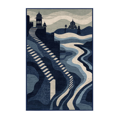 Machine Washable Parez Varanasi Ghats Global Inspired Block Print Rug in Gray – Navy Binding