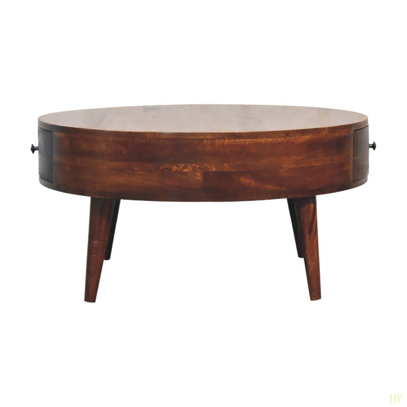 Table basse Odyssey en bois massif, 2 tiroirs, pieds nordiques, Brun