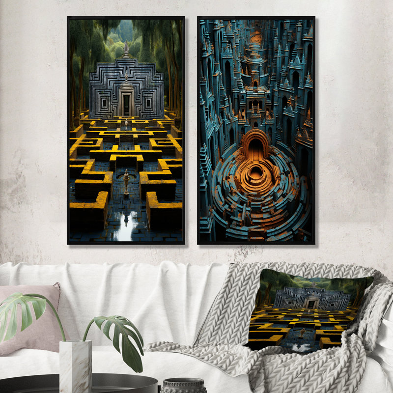 Ancienne pierre Maya gris et jaune labyrinthe II - ensemble de 2 reproductions d'art labyrinthe, Cadre flottant noir