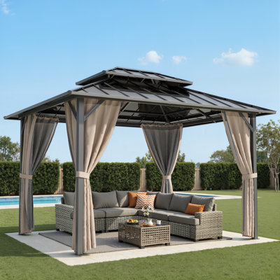 10 pi. L 12 pi. D Pavillon de jardin à toit rigide avec filet et rideaux, pavillon d'extérieur robuste avec structure en acier et double toit en acier pour patio, cour, terrasse et pelouse
