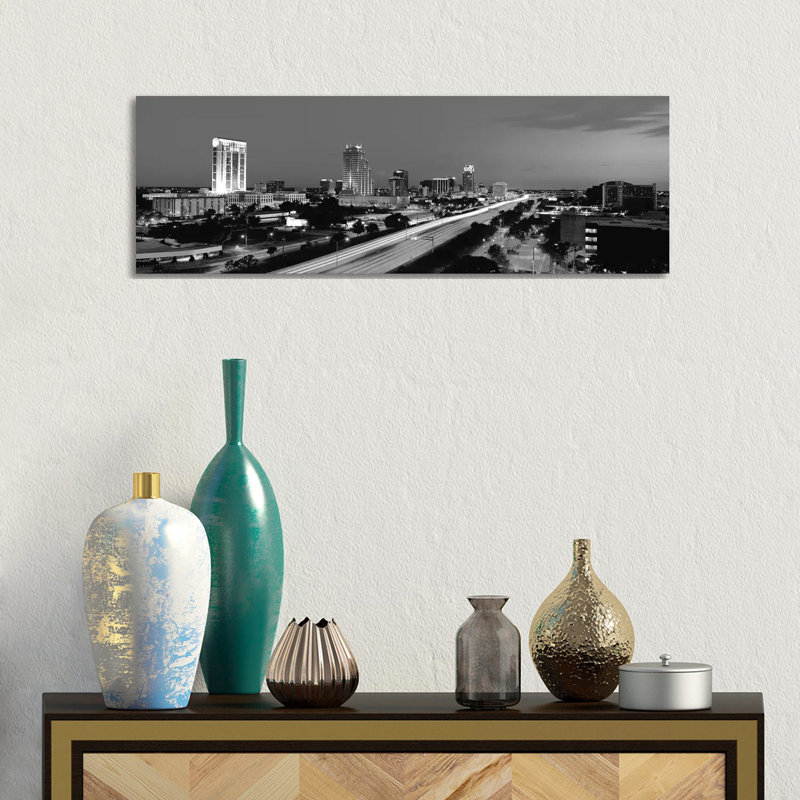 Orlando Skyline Cityscape (Black And White - Night) - Wrapped Canvas Panoramic Print