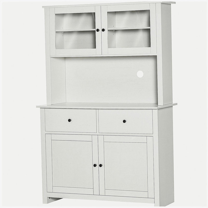 Table de cuisine de 63,5 pouces avec bibliothèque, armoire de rangement avec 4 tablettes, tiroirs, cadre avec porte vitrée, comptoir à micro-ondes blanc rétro