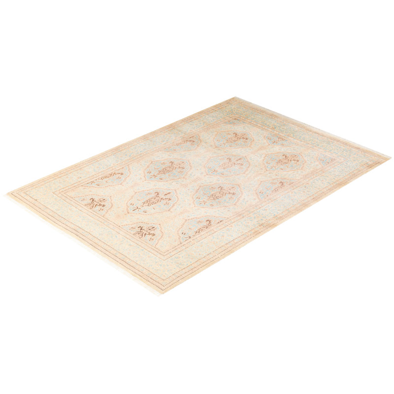 Tapis unique ivoire / bleu clair / rouge noué à la main 4 pi 2 po x 6 pi Vaili Mogul