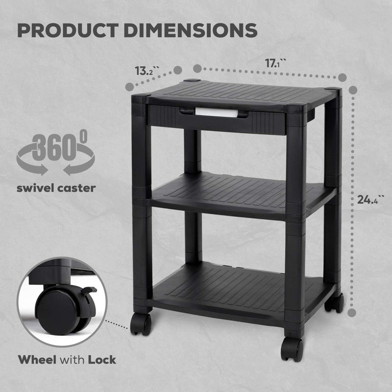 Black Rolling Printer Cart with Storage and Cable Management