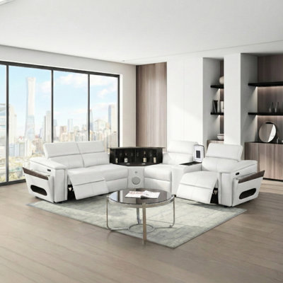 Canapé modulaire blanc moderne, 4 sièges, revêtement en similicuir, 2 appuis-tête à réglage électrique, 2 réglages manuels, coussin de recharge sans fil, charge, haut-parleur, barre à DEL, rangement, console de congélateur en option avec accoudoirs ou