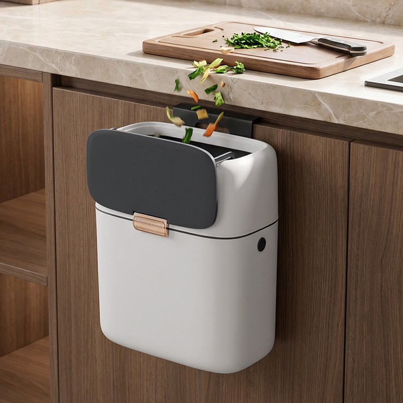 9L Hanging Rubbish Bin with Lid, White：gold