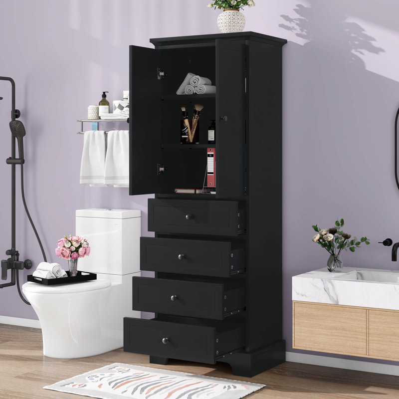 Armoire de rangement autoportante avec 2 portes / tablette réglable / 4 tiroirs, armoire de plancher de salle de bain, panneau de fibres à densité moyenne avec finition peinte