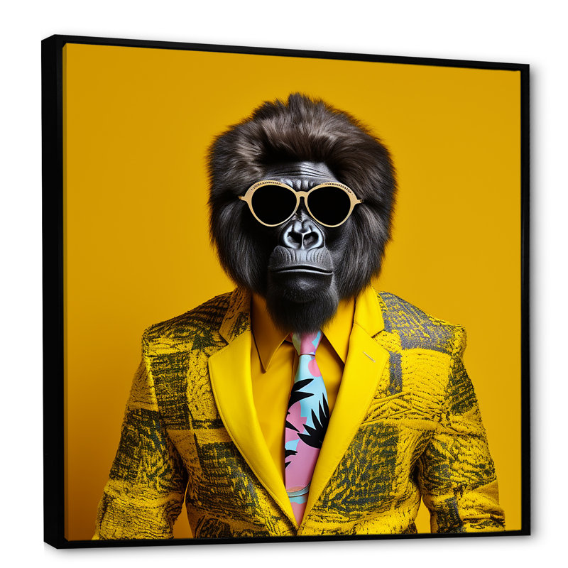 Jaune gorille en costume I - art mural gorille, H 36 po x l 36 po x P 1,5 po, Cadre flottant noir