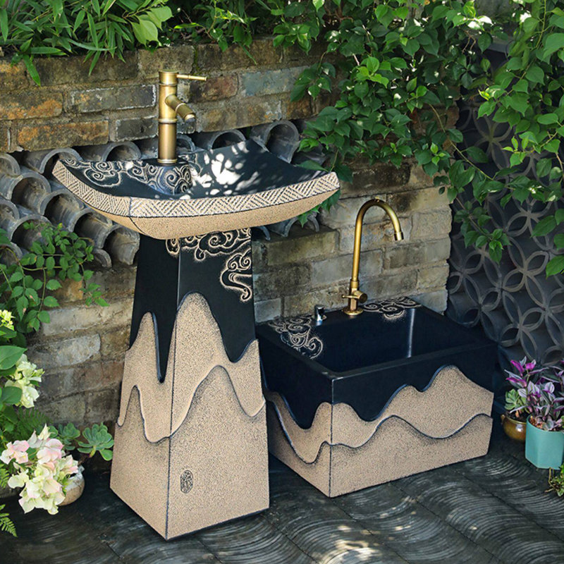 Ensemble lavabo sur pied et évier à vadrouille en pierre reconstituée pour cour extérieure