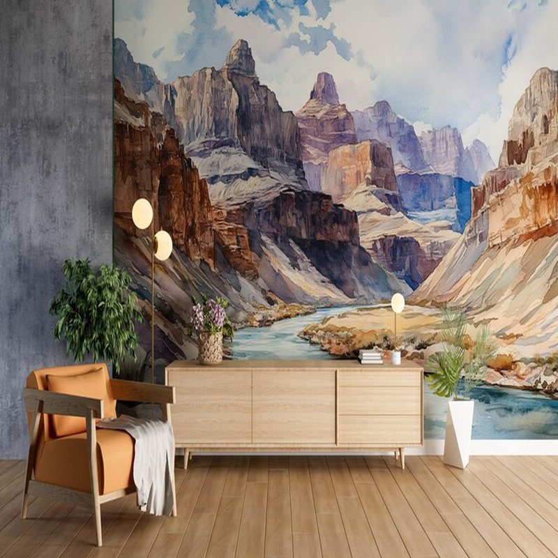 Murale aquarelle, paysage de rivière Canyon, 96" Lx 108" W