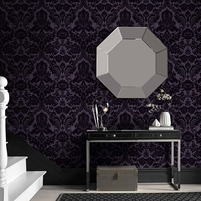 Damask Metallic Wallpaper Double Roll, Purple/Black