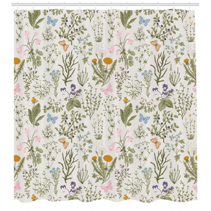 Vintage Botanical Floral Fabric Shower Curtain with Hooks