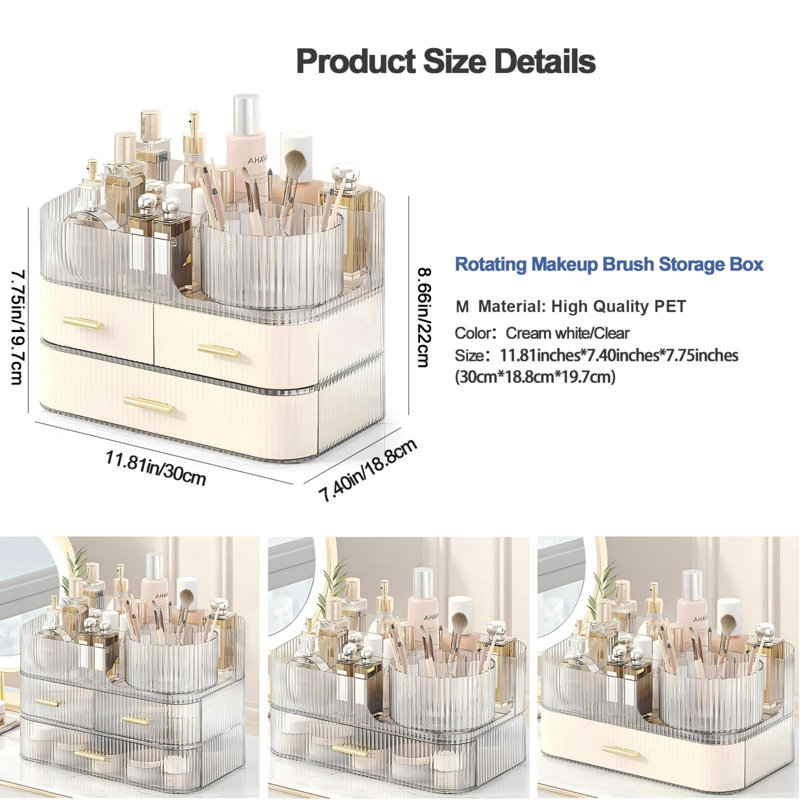 Clear 360° Rotating Acrylic Makeup Organiser with Storage Drawers & Brush Holder, Large Stackable Cosmetic Skincare Storage Box for Dressing Tables, Vanities, Bedrooms & Bathrooms