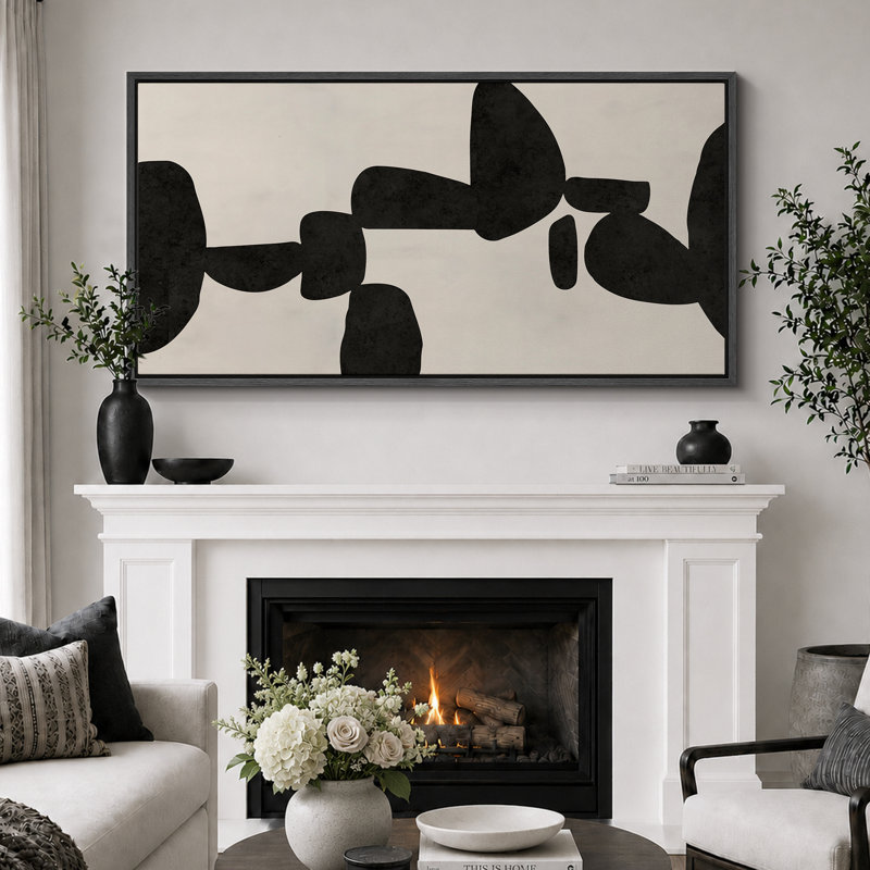 Abstrait abstrait géométrique noir Mid-Century, H 30 po x l 60 po, Noir, noir, noir, noir