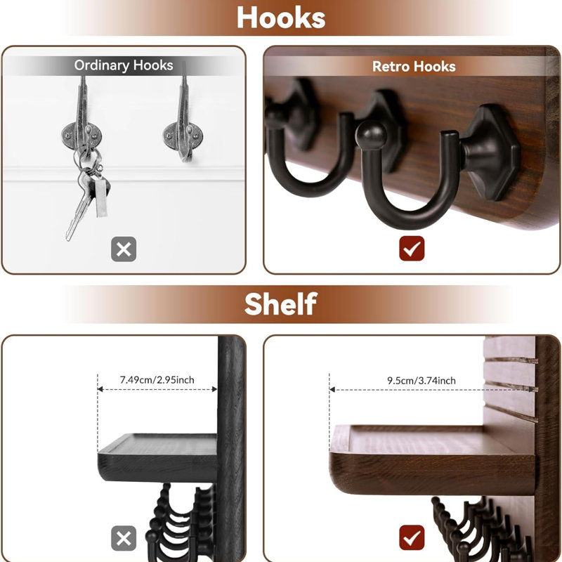 Wood Wall Organizer with Key Hooks, Brown
