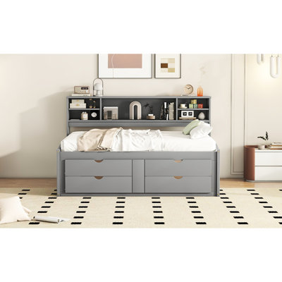 Lit de jour gris avec 2 armoires de chevet, 4 tiroirs et tablettes supérieures, mobilier de chambre fonctionnel et tablettes polyvalentes