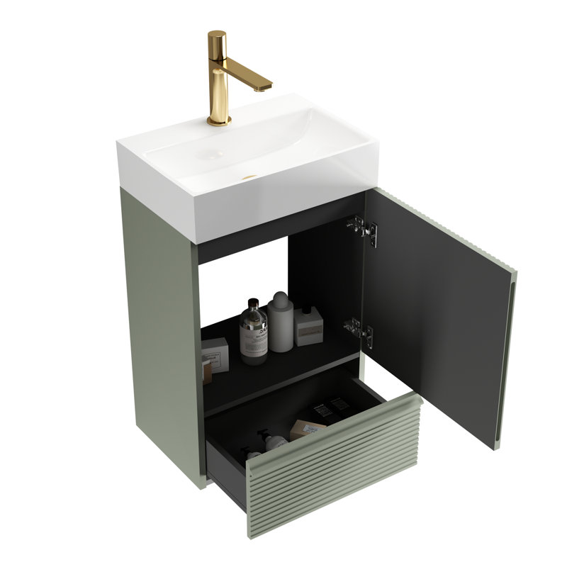 Armoire de salle de bain autoportante moderne, conception rayée, matériau standard E1, fermeture en douceur, meuble-lavabo de 20 po avec lavabo blanc, motif tendance, planche, fermeture en douceur, 50 000 cycles