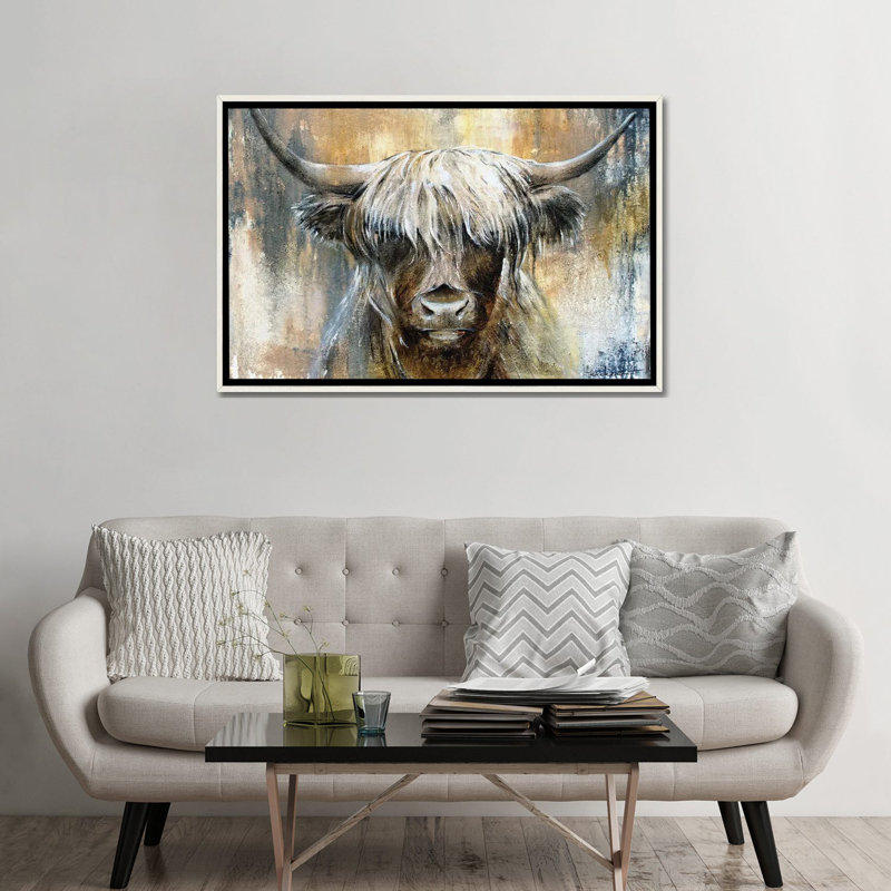 Highland Cow I, encadrée par Studio Paint-Ing, impression, Toile encadrée flottante blanc vieilli
