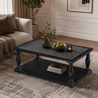 Farmhouse Rectangular Coffee Table with Turned Spindle Solid Wood Legs, 2-Tier Wooden Cocktail Table, Vintage Traditional Center Table