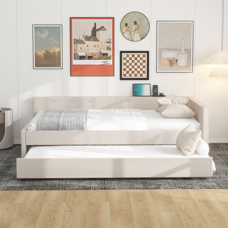 Lit plateforme tapissier avec port USB et gigogne, Complet/Double