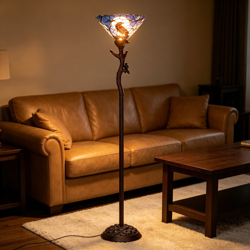 Lampe sur pied en verre coloré de style Tiffany avec corbeau et pleine lune, lampe torchère fabriquée à la main pour Halloween et décoration gothique