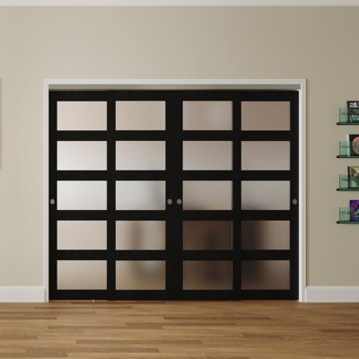 Double Doors 5 Lite Black Wood Frosted Glass Solid Manufactured Wood Prefinished Sliding Closet Door
