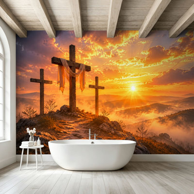 Papier peint adhésif Peel and Stick Christian Crosses Bathed Heavenly Light, art mural auto-adhésif et amovible