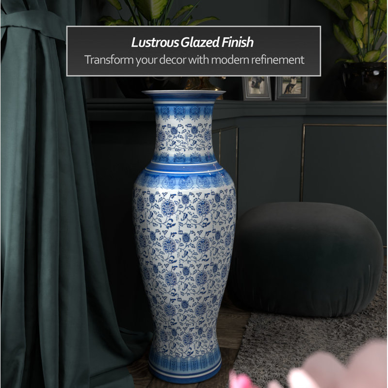 36" Floral Blue & White Porcelain Tung Chi Vase, Blue Floral