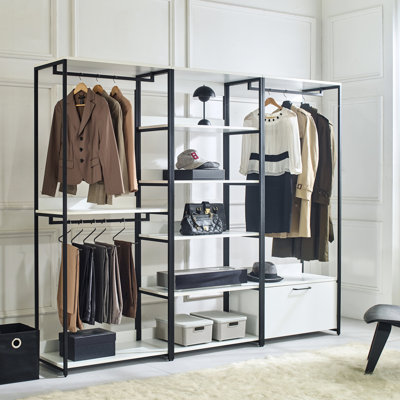 Garde-robe autoportante blanche en bois - structure en métal, espace de rangement très profond, et finition rayure pour taches d'eau chaude avec structure, rangement, planche E0
