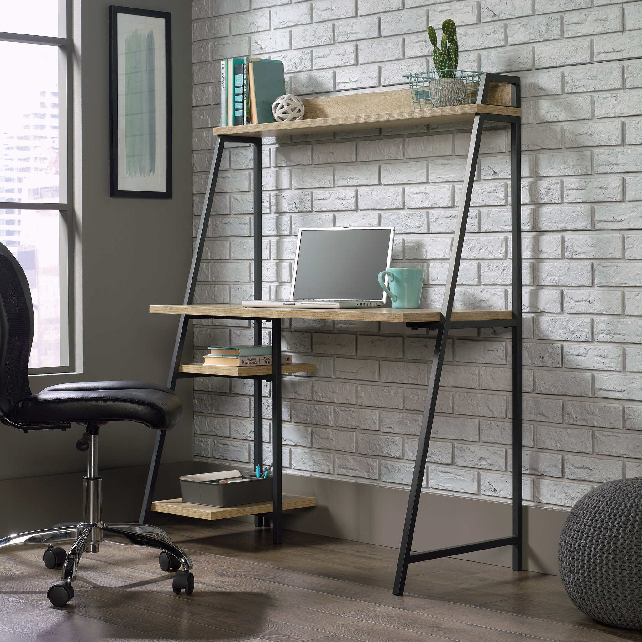 Fortney Home Office Desks with Reversible Bookshelf 17 Stories Color (Top/Frame): Oak/Black, Size: 47.64 H x 47.24 W x 25.2 D