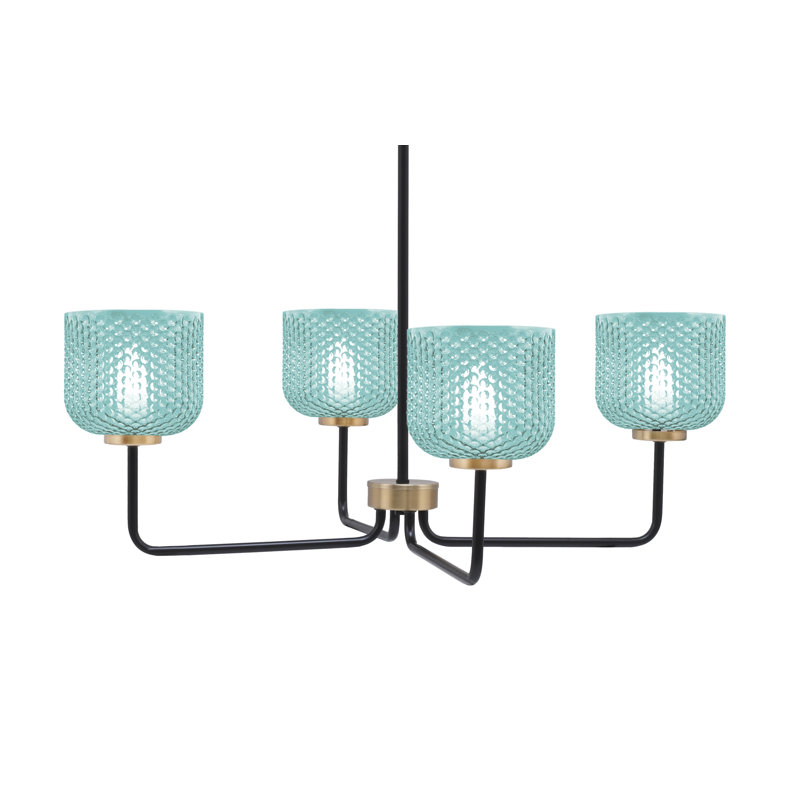 Lustre 4 lumières Amarmula, noir mat et laiton vieilli, verre texturé turquoise 6 po, Sarcelle, Noir/laiton