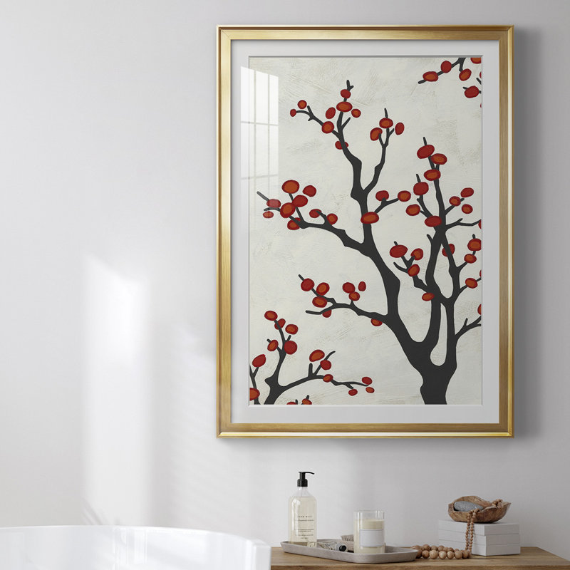 «Red Berry Branch II», reproduction encadrée de qualité supérieure - prête à être accrochée, Cadre doré