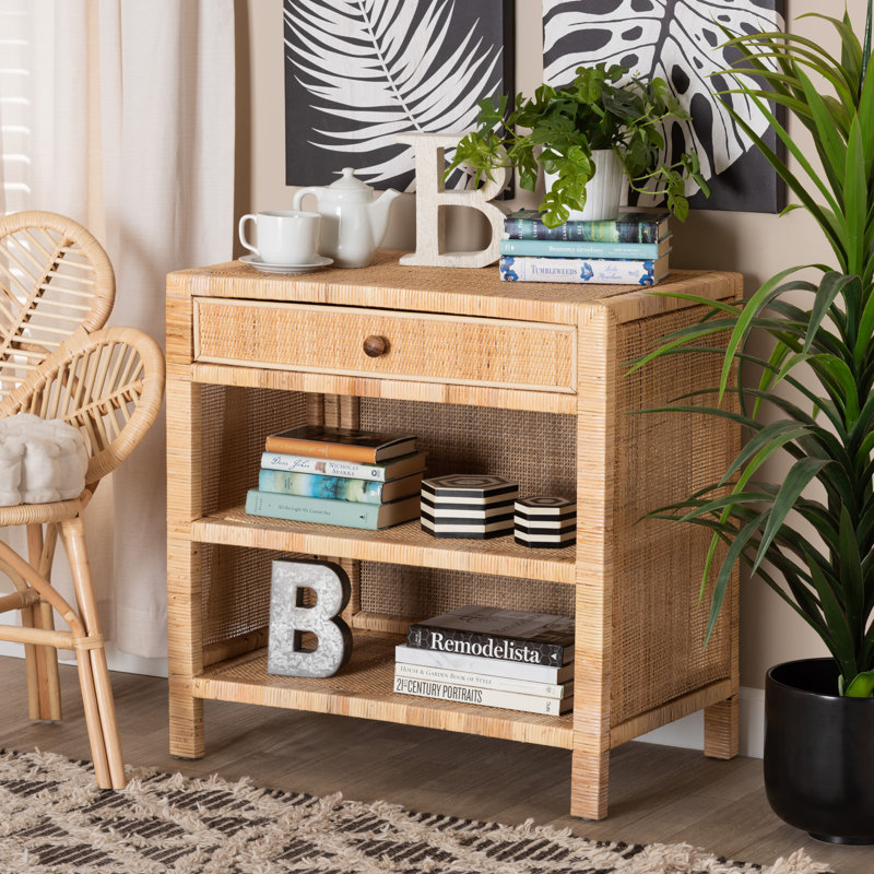 Bella Natural Brown Mahogany Wood and Rattan 1-Drawer Console Table