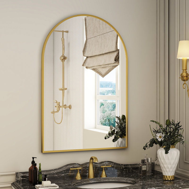 Lilaram Arched Metal Framed Wall Mirror Bathroom Mirror, Flax Gold, 91.4cm H x 61cm W